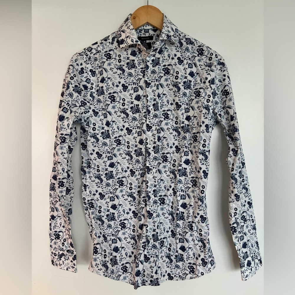 RW&CO 18” PTP Men's Floral Slim Fit Shirt, White/Blue, Size XS, 13-13.5” Neck
